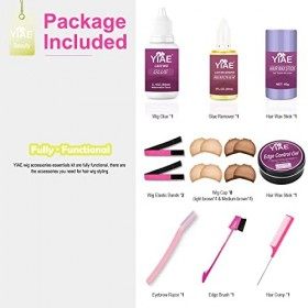 YIAE Accessoires pour perruques Kit essentiel 60ml Colle et dissolvant pour perruques en dentelle, Bande élastique, bonnets d