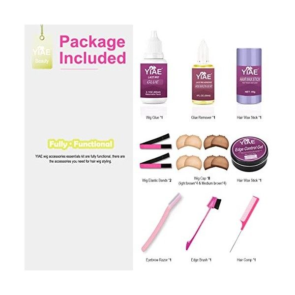 YIAE Accessoires pour perruques Kit essentiel 60ml Colle et dissolvant pour perruques en dentelle, Bande élastique, bonnets d