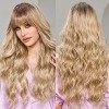 EMMOR Perruques Ombré Blonde pour Femmes Longues Bouclées avec Frange en Fibres Synthétiques Résistantes à la Chaleur Perruqu