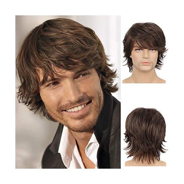 Perruque Brun Courte Homme Perruque de Cheveux Synthétique En Couches avec Frange Halloween Cosplay Costume de Fête Quotidien