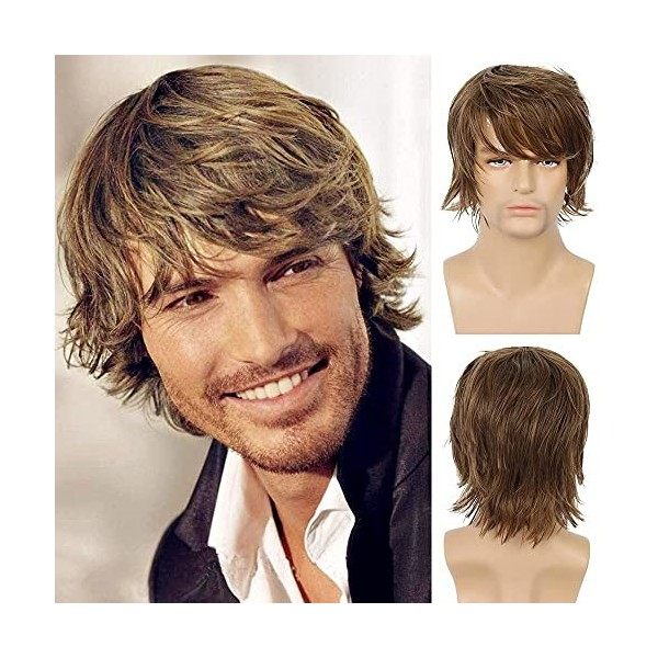 Perruque Brun Courte Homme Perruque de Cheveux Synthétique En Couches avec Frange Halloween Cosplay Costume de Fête Quotidien