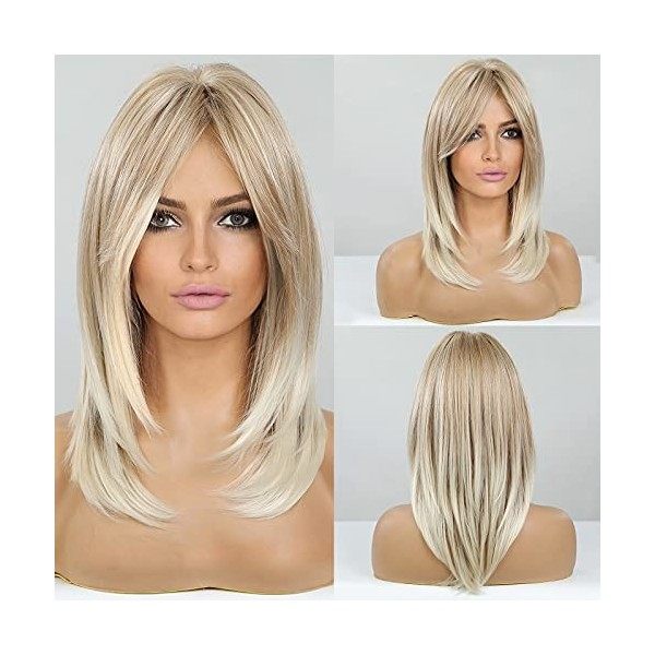 Haircube - Perruque longue blonde pour femme, cheveux synthétiques longueur aux épaules avec frange