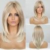 Haircube - Perruque longue blonde pour femme, cheveux synthétiques longueur aux épaules avec frange