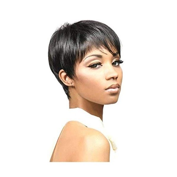 Perruque Noir courtes, PKOUVOO Pixie Cut avec franges Perruques naturelles droites en cheveux synthétiques pour femmes blanch