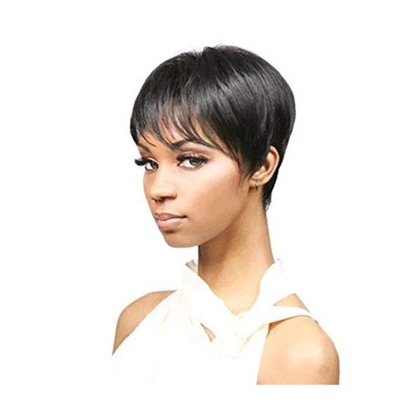 Perruque Noir courtes, PKOUVOO Pixie Cut avec franges Perruques naturelles droites en cheveux synthétiques pour femmes blanch