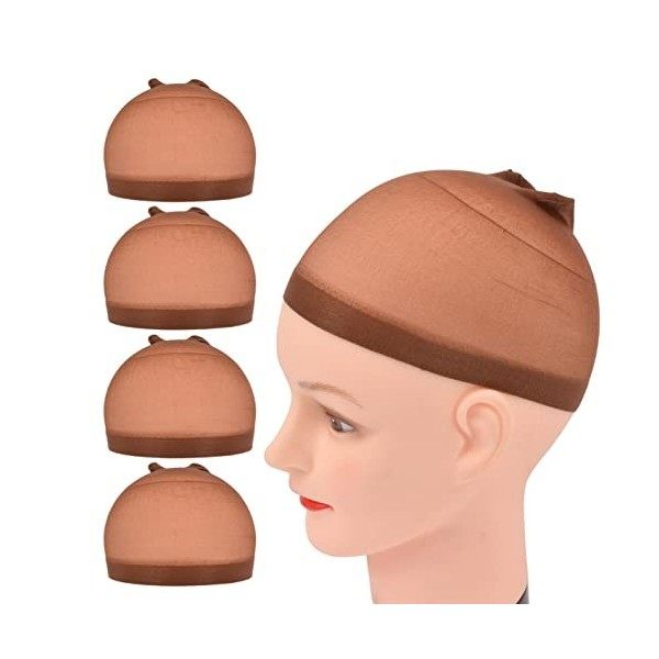 Lot de 4 bonnets de perruque en nylon stretch pour femmes, hommes et enfants bonnet en nylon, marron foncé 