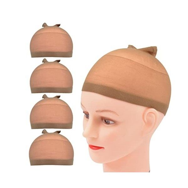 Lot de 4 bonnets de perruque en nylon stretch pour femmes, hommes et enfants bonnet en nylon, marron foncé 