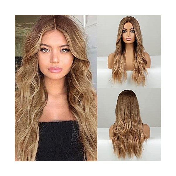 HAIRCUBE longue perruque blonde pour les femmes perruque synthétique naturelle ondulée cheveux bouclés partie moyenne Ombre p