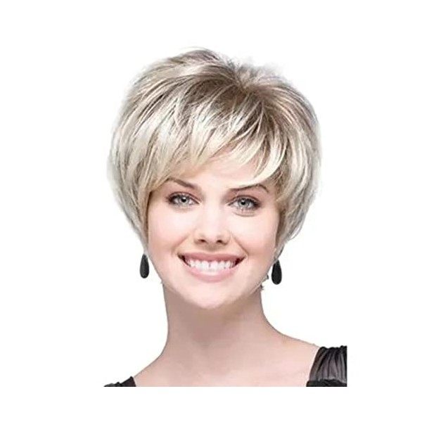 AIYLMZ Court Ombre Blonde Pixie Cut Perruques avec Frange pour Femmes Ombre Blonde Élégant Fluffy Layered Perruques Naturel F