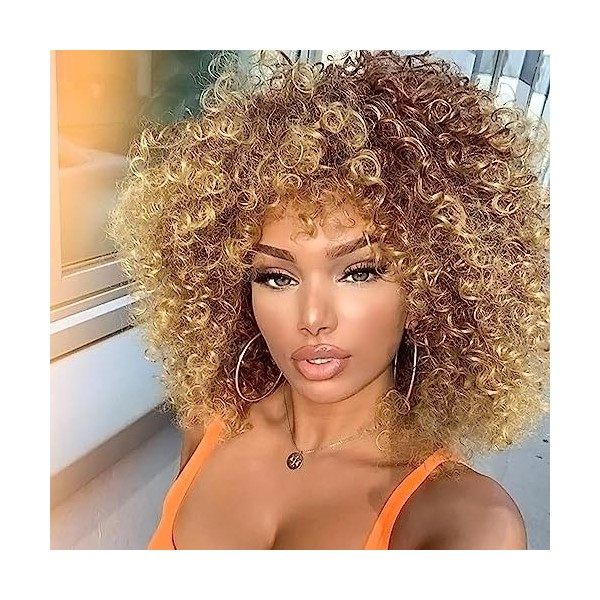 PORSMEER perruque blonde brune mixte courte afro bresilienne Bouclée avec frange pour femmes noires court kinky curly cheveux