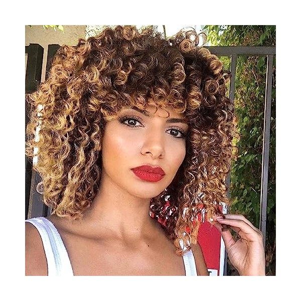 PORSMEER perruque blonde brune mixte courte afro bresilienne Bouclée avec frange pour femmes noires court kinky curly cheveux