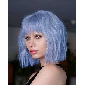 LEMEIZ LEMEIZ-134-16 Perruque à franges bleues courtes et bouclées avec frange pour femme - Cheveux synthétiques - 25,4 cm