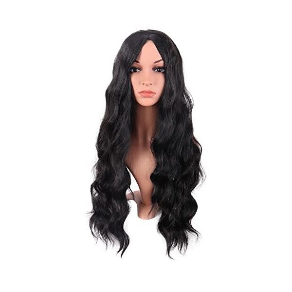 MapofBeauty 28 Pouces/70 cm Longue Wavy Middle Part Synthétique fibre Bouclé Cheveux Remplacement Quotidiano Perruques Noir 