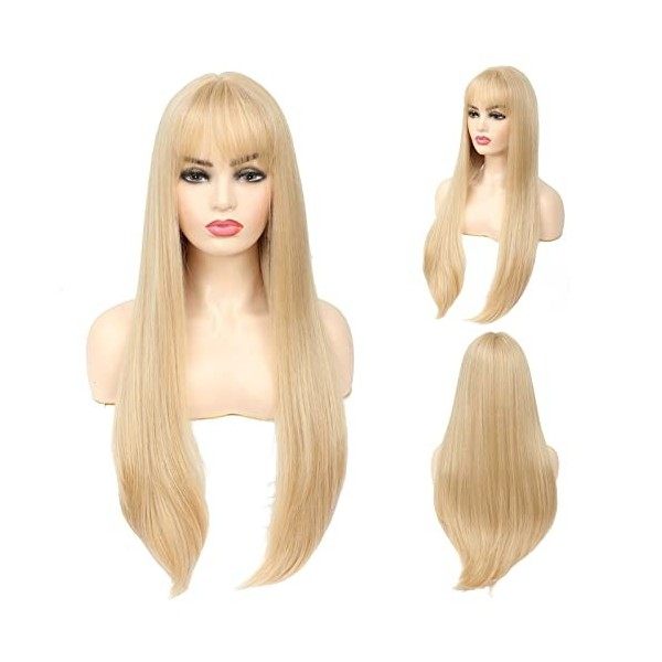 X-Tress Perruque Blonde avec Frange 28" Longue Cheveux Synthétique Perruque Naturelle Souple Cheveux Droit Plus Naturel Facil