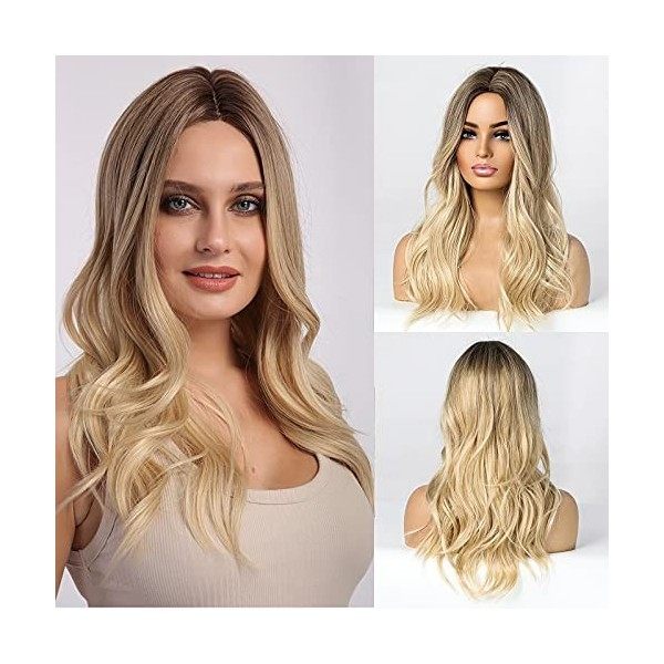 EMMOR Perruques blonde ombre pour femmes, perruques synthétiques résistantes à la chaleur avec racine sombre pour la vie quot