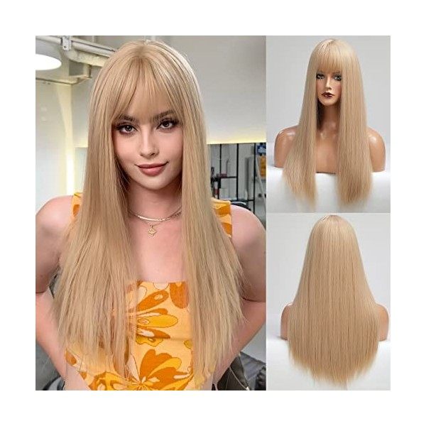 EMMOR blond pâle perruque avec franges femmes longue perruque droite pour les filles cosplay et utilisation quotidienne perru