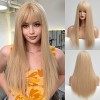 EMMOR blond pâle perruque avec franges femmes longue perruque droite pour les filles cosplay et utilisation quotidienne perru