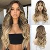 FESHFEN Perruques Brune Longue Ondulées pour Femme, Lace Frontal Naturelle Balayage Brune Perruque Cheveux Synthétiques pour 