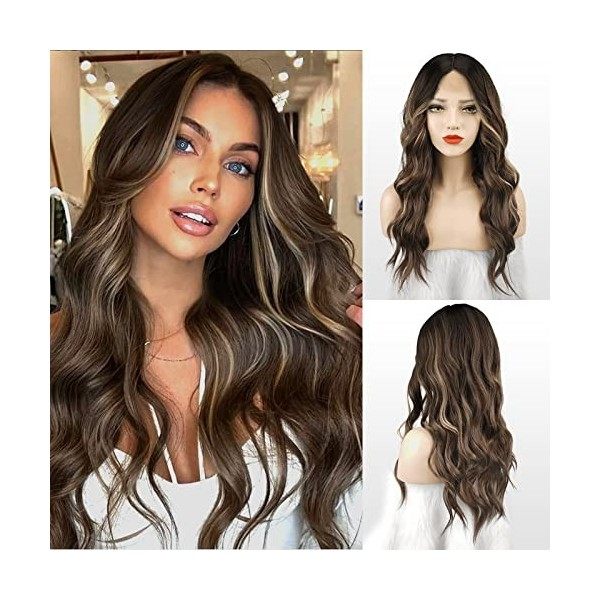 FESHFEN Perruques Brune Longue Ondulées pour Femme, Lace Frontal Naturelle Balayage Brune Perruque Cheveux Synthétiques pour 