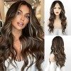 FESHFEN Perruques Brune Longue Ondulées pour Femme, Lace Frontal Naturelle Balayage Brune Perruque Cheveux Synthétiques pour 