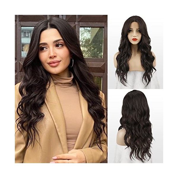 FESHFEN Perruques Brune Longue Ondulées pour Femme, Lace Frontal Naturelle Balayage Brune Perruque Cheveux Synthétiques pour 