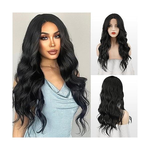 FESHFEN Perruques Brune Longue Ondulées pour Femme, Lace Frontal Naturelle Balayage Brune Perruque Cheveux Synthétiques pour 