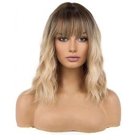 HAIRCUBE Longueur dépaule Perruque Bouclés Perruques de Cheveux Ondulés Couleur Blonde et Racines Foncées Perruques pour les