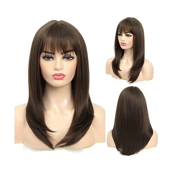 X-Tress Perruque Femme Naturelle Brun Foncé 20" Longue Perruque Droite avec Frange Raie au Milieu Perruque Noire 130% Densité