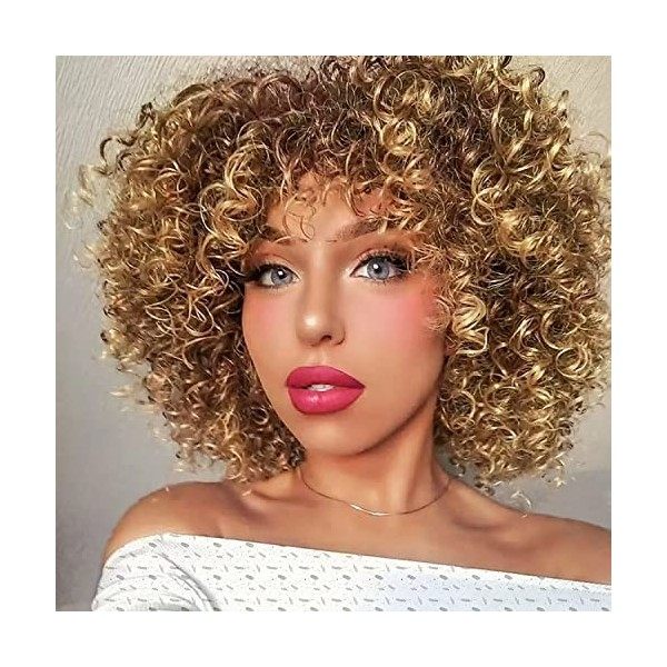 YEESHEDO Perruque afro bouclée avec frange pour femmes noires 14 pouces court afro kinky cheveux perruque synthétique résista