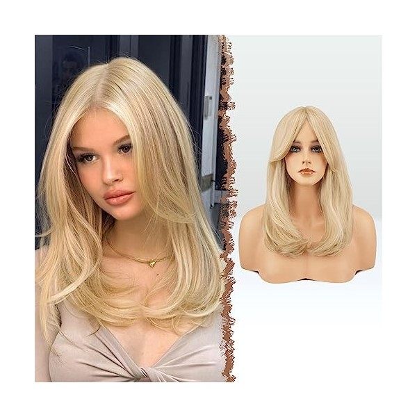 FESHFEN Perruque Longue avec Frange, Blond Clair Naturelle Synthétiques Perruque de Cheveux Perruque pour Femme 45 cm