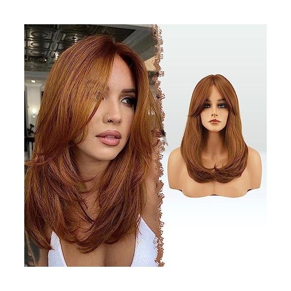 FESHFEN Perruque Longue avec Frange, Blond Clair Naturelle Synthétiques Perruque de Cheveux Perruque pour Femme 45 cm