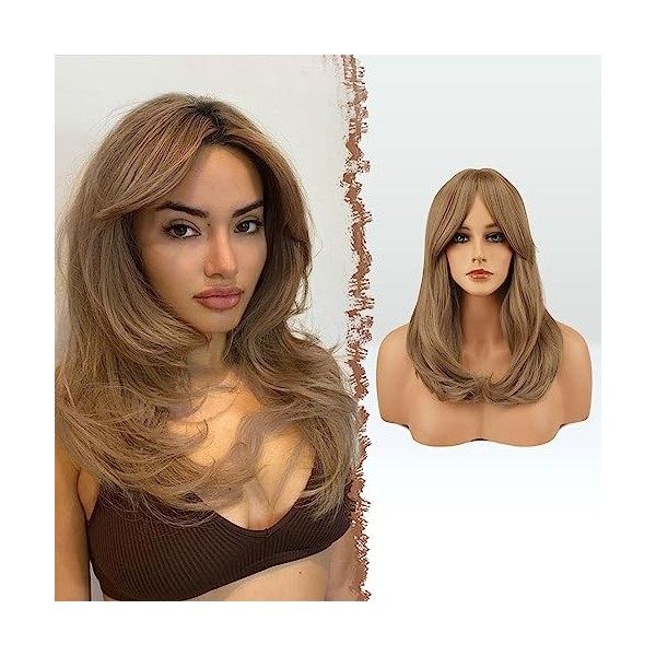 FESHFEN Perruque Longue avec Frange, Blond Clair Naturelle Synthétiques Perruque de Cheveux Perruque pour Femme 45 cm