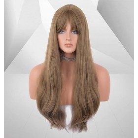 Lemeiz LEMEIZ-140 Perruque pour femme avec frange de cheveux synthétiques ondulés et longs à laspect naturel sans colle Brun