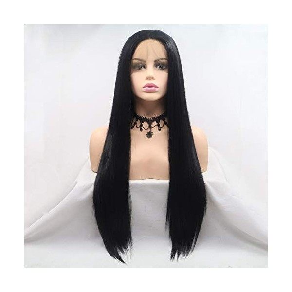 Xiweiya Long Noir Perruque cheveux synthétiques raides Noir Lace Front Perruques droite résistant à la chaleur Fibre pour fem