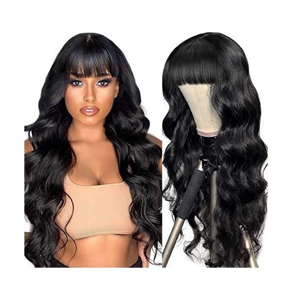 Perruque femme naturelle brésilienne avec frange 2x4 lace wig human hair wig with bangs body wave perruque bresilienne noire 