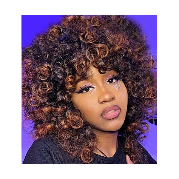 PORSMEER Perruque Afro Femme Naturelle Courte avec Frange Perruque de cheveux bouclés,Couleur noire frisée fibre synthétique 