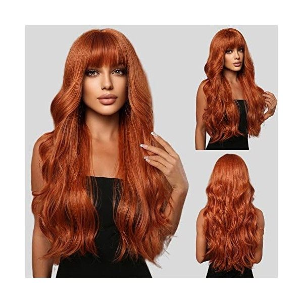 Allbell Long Orange Perruques pour femmes Body Wave Ginger Hair Perruques synthétiques avec frange