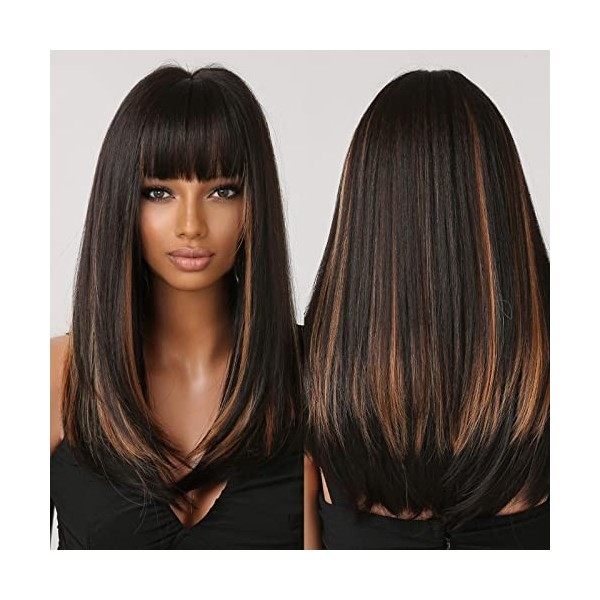 Allbell Perruques noires pour femmes noires, perruque longue avec frange, mélange noir et blond naturel, cheveux synthétiques