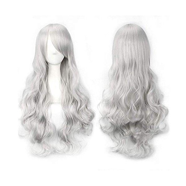 YEESHEDO 28"/70cm Gris Argent Bouclé Perruque Femme, Longue Ondulée Gris Blanc Synthétique Cheveux, Cosplay Anime Perruques 