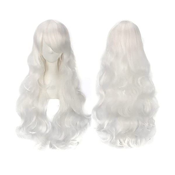 YEESHEDO 28"/70cm Gris Argent Bouclé Perruque Femme, Longue Ondulée Gris Blanc Synthétique Cheveux, Cosplay Anime Perruques 