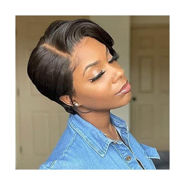 PORSMEER Perruques Femme Naturelle Synthétique Cheveux Noire Courte Bob Wig Lace Frontal avec Frange 6 Pouces 150% Densité