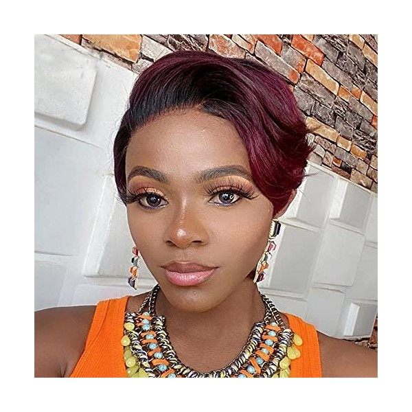 PORSMEER Perruques Femme Naturelle Synthétique Cheveux Noire Courte Bob Wig Lace Frontal avec Frange 6 Pouces 150% Densité