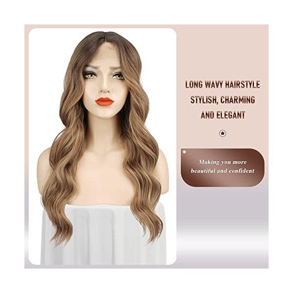 FESHFEN Perruques Brune Longue Ondulées pour Femme, Lace Frontal Naturelle Balayage Brune Perruque Cheveux Synthétiques pour 