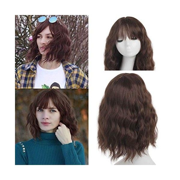 Leeven 14 Pouces Ombre Grey Bob Wig with Bangs Natural Wavy Hair Replacement Wigs with Fringe Short Grey Curly Wig for Woman 