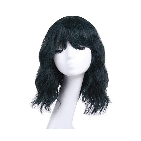 Leeven 14 Pouces Ombre Grey Bob Wig with Bangs Natural Wavy Hair Replacement Wigs with Fringe Short Grey Curly Wig for Woman 