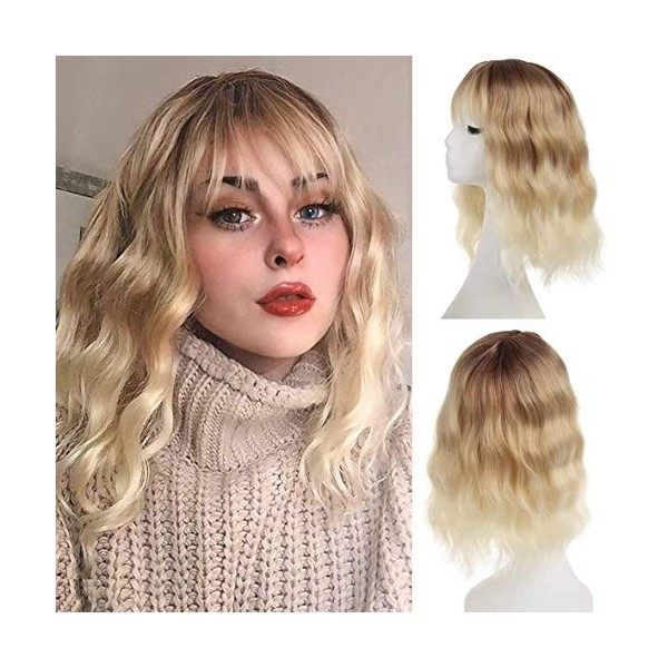 Leeven 14 Pouces Ombre Grey Bob Wig with Bangs Natural Wavy Hair Replacement Wigs with Fringe Short Grey Curly Wig for Woman 