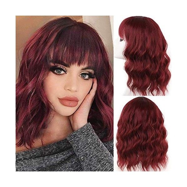 Leeven 14 Pouces Ombre Grey Bob Wig with Bangs Natural Wavy Hair Replacement Wigs with Fringe Short Grey Curly Wig for Woman 