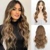 FESHFEN Perruques Brune Longue Ondulées pour Femme, Lace Frontal Naturelle Balayage Brune Perruque Cheveux Synthétiques pour 