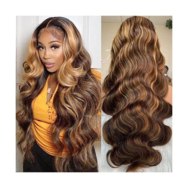 Ombre Highlight 13x6 Lace Front Wigs Human Hair MSGEM 18 pouces Body Wave Hair T Part HD Lace Front Wigs pour les femmes noir