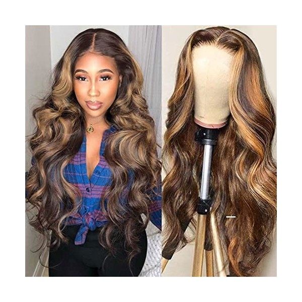 Ombre Highlight 13x6 Lace Front Wigs Human Hair MSGEM 18 pouces Body Wave Hair T Part HD Lace Front Wigs pour les femmes noir